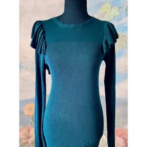ZAPA Paris Forest Green Ruffle Shoulder Ribbed Knit Viscose Top Size 1